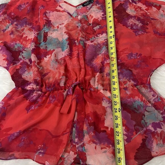 a.n.a Women Plus Size 2X Red Floral Flutter Chiffon Waist Tie V- Neck Blouse Top - Picture 5 of 11